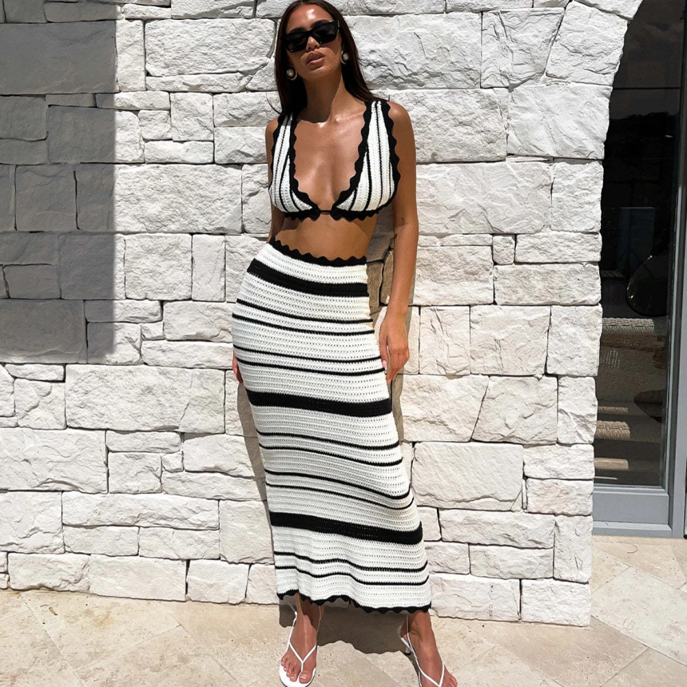 Summer Knitted Beach Skirt Sets Women Sexy Backless Slim Bohemian Outfits Fashion Striped Holiday Two Piece Set Beachwear 250320