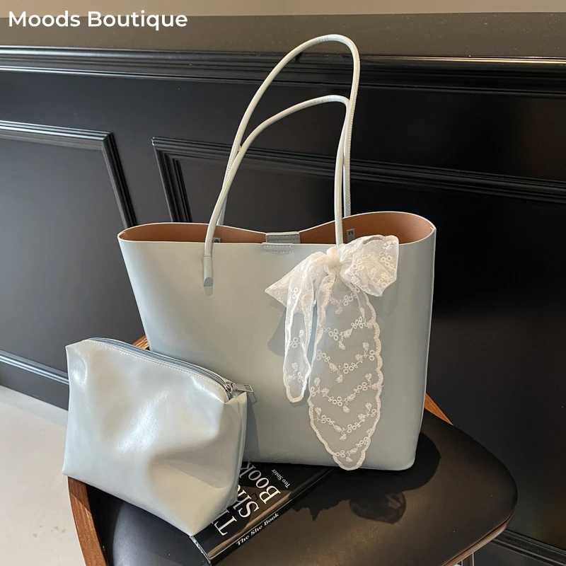 MOODS 2-in-1 Underwear Shoulder Bag Set suitable for womens waxed PU leather lace bow decoration large capacity shopping bag with small bag Y250320