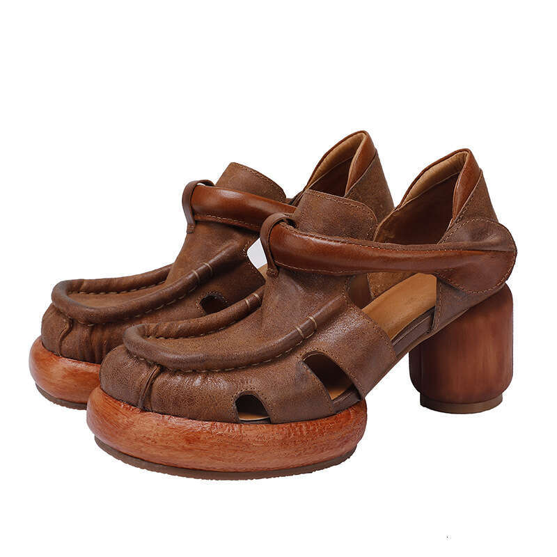 High Heel Genuine Leather Thick Heeled Women Returning To The Ancient Style For Spring And Summer New Waterproof Platform Tire Cow Comfortable Handmad