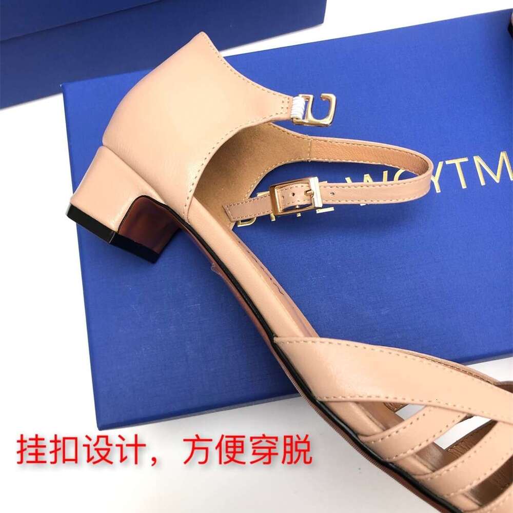 High Heel Dongguan Made Full Sheepskin Thick Heel Pointed Buckle Hollowed Out Middle Mouth Single Shoes High Heels Roman Toe Sandals For Women