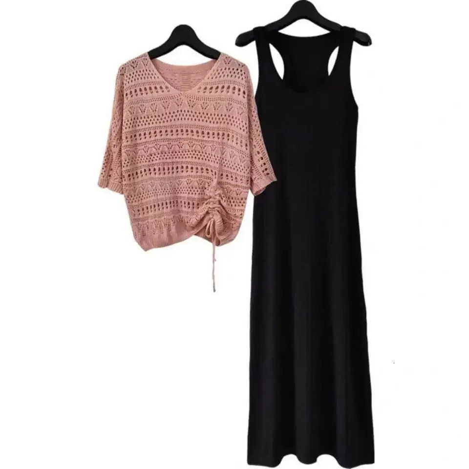 Summer Tank Long Skirt Hollow Knitted Top 2-piece Set Womens Clothing Lightweight Mesh Long Skirt Fashion 250318