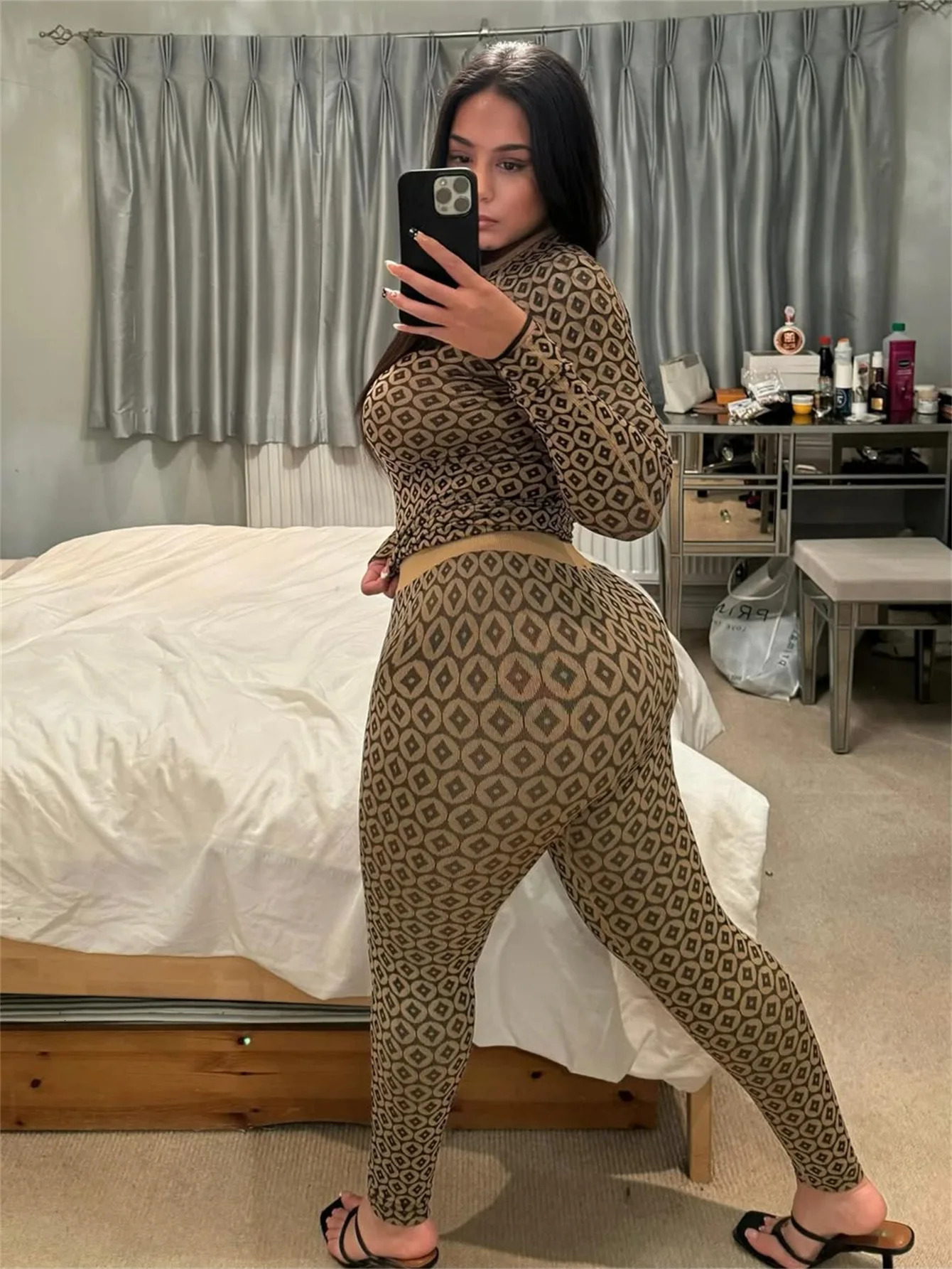 Women Printed Slim Fit 2 Piece Sets Long Sleeve O Neck T Shirts Pullover Skinny Trousers Suits Vintage Sexy Leggings Lady Outfit 250320