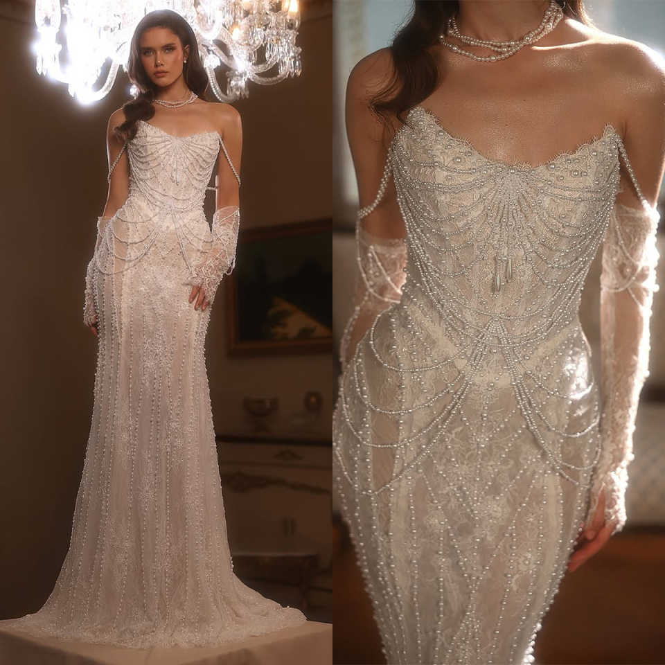 Elegant Mermaid Wedding Dress Strapless Removable Sleeves Bridal Gowns Pearls Beading Lace Sweep Train Dresses Custom Made vestidos de novia