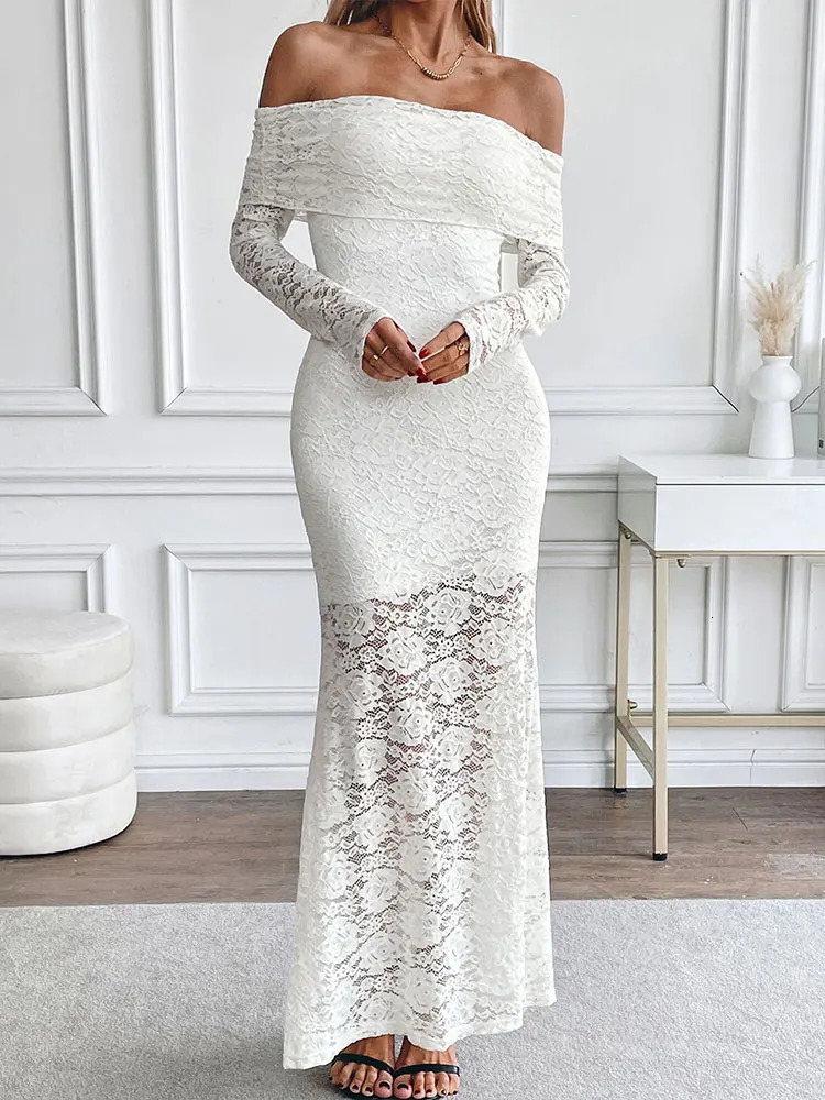 High quality Maxi dress for spring womens streetwear fashion long sleeved solid sexy lace strapless clothing 250320