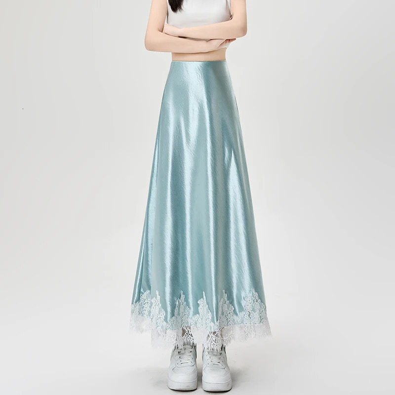 Satin Skirt Women 2025 Spring Arrival High Waist A Line Long Skirt Lace Patchwork Maxi Skirts Women Korean Fashon Slim Skirt 250320