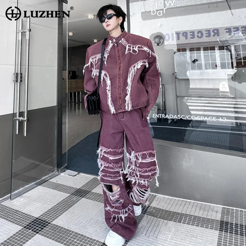 LUZHEN denim jacket with tassel and burr hollow pocket straight jeans two-piece set fashionable street mens wear LZ4935 250318