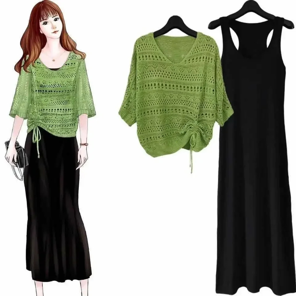 Summer Tank Long Skirt Hollow Knitted Top 2-piece Set Womens Clothing Lightweight Mesh Long Skirt Fashion 250318
