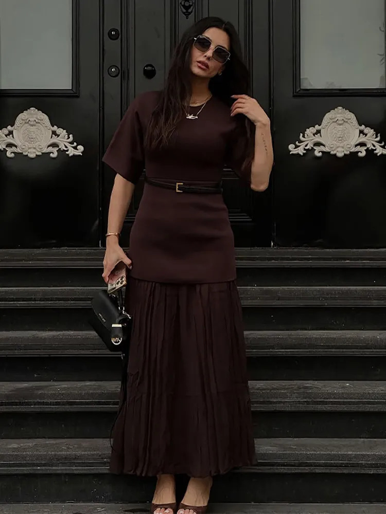 Chic Splicing Brown Half Sleeve Maxi Dress Womens Casual Pleated Aline Slim Dresses Female Office Commute Street 250320