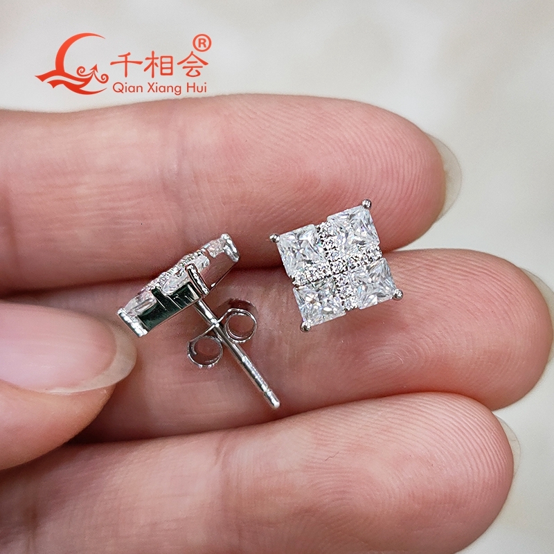 4pcs Melee Square Shape D VVS Moissanite Wedding Earrings Studs 7mm 925 Silver Jewelry Gift for Women Dating
