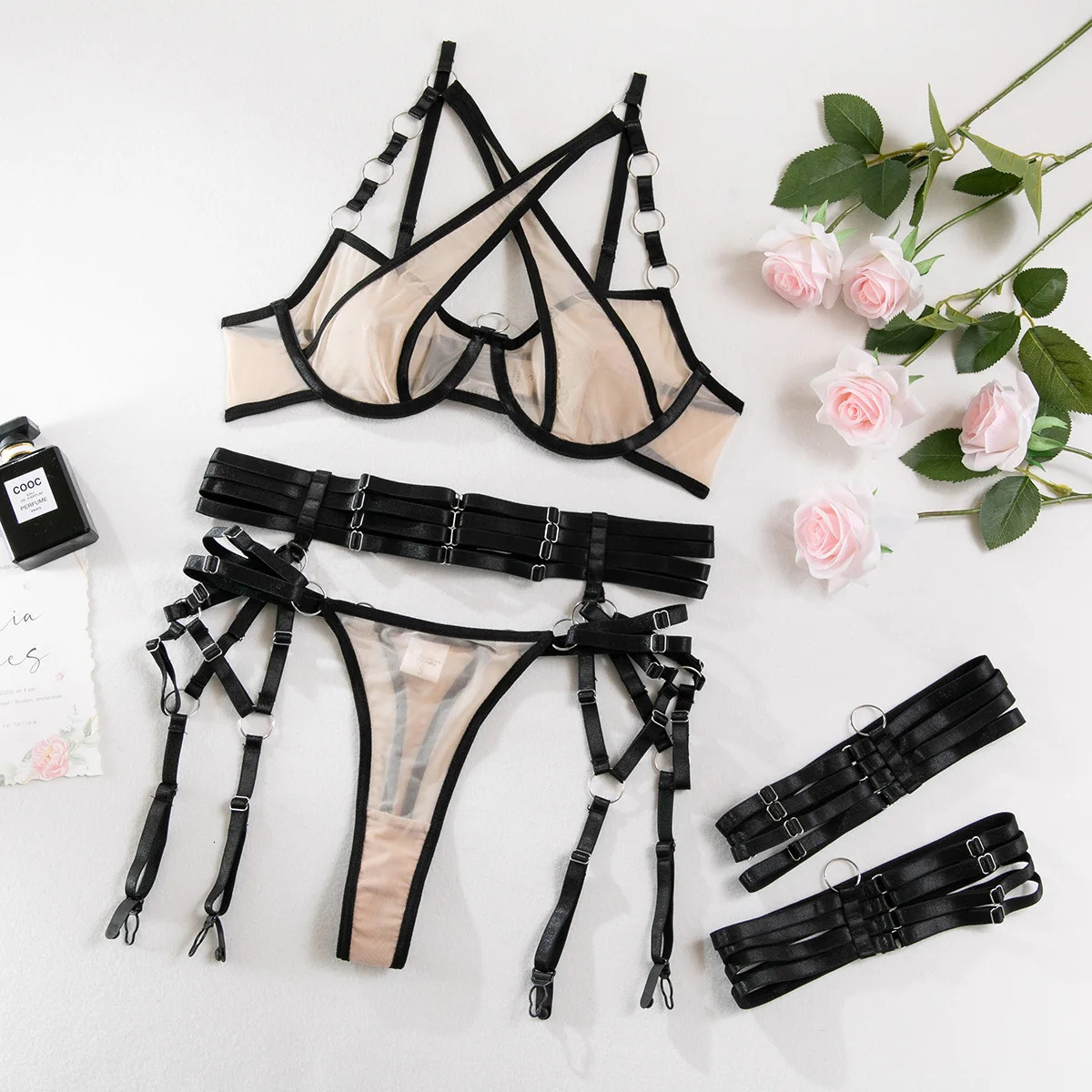 Three Piece Selling Spliced Underwear Bra With Steel Ring Sexy Contrast Color Intimates Set Womens Mesh Exotic Apparel Suit 250320
