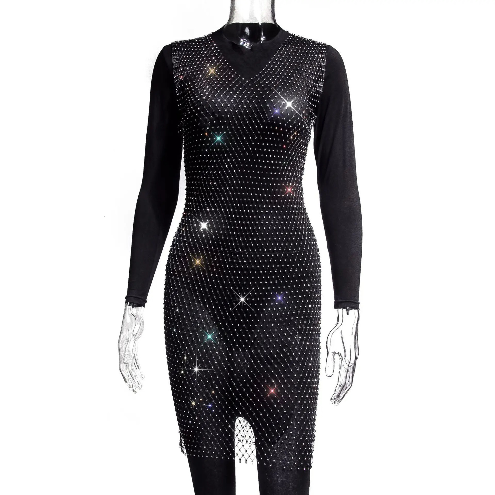 Sexy and shiny Rhinestone mesh fishnet dress with a hollow outer beach covering breathable womens birthday party dresses 250320
