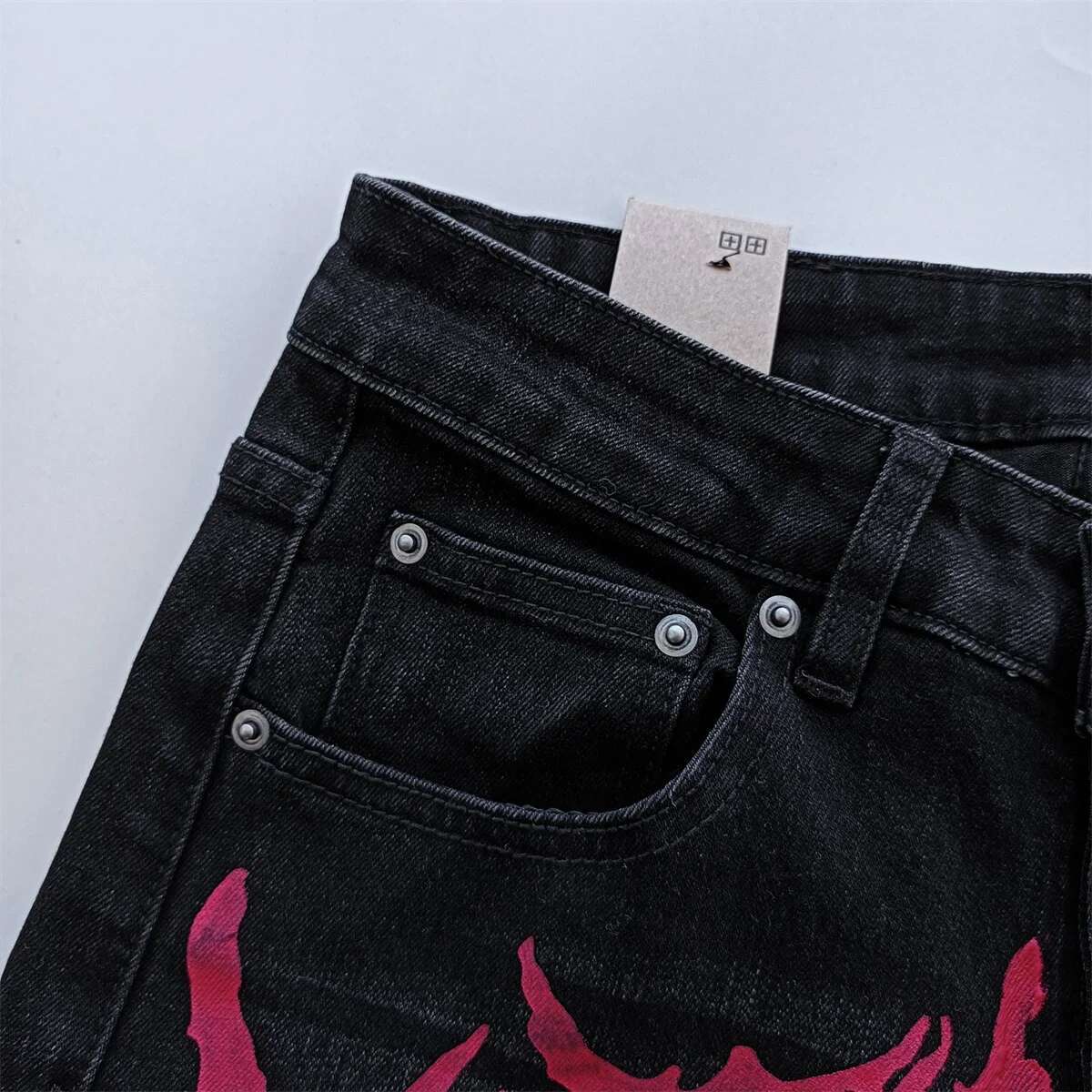 Designer Jeans 2025 Spring/summer New Men's High Street Retro Washed Black Letter Printed Trendy Daily Casual Low Waist Elastic Tight Jeans Brand