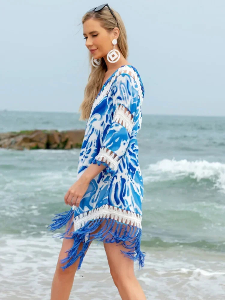 OIINAA Bikini Cover Womens Beach Hat Hollow tassel Patchwork Printed Beach Dress Summer Fashion Womens Beach Wear 250317