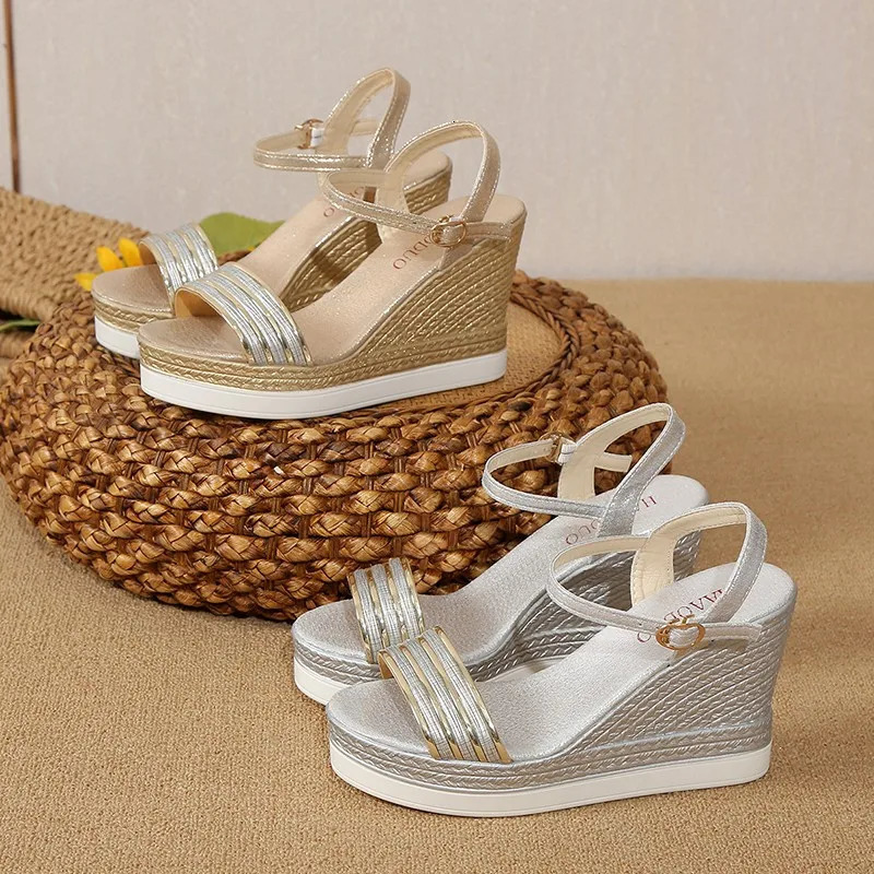 Womens Summer Wedge Sandals Thick Bottom with Open Toes Casual Shoes Gold and Silver y ner 250321BJ - view 6