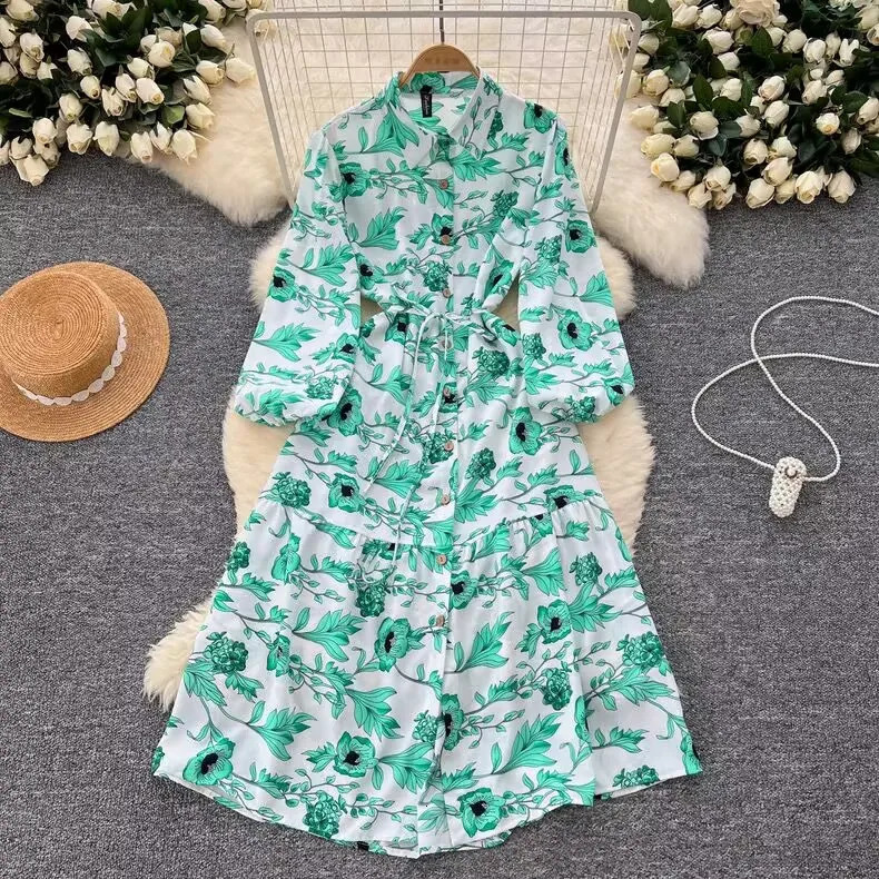 Spring Fashion Long Sleeved Print LaceUp Shirt Dress For Women Turn Down Collar Single Breasted Maxi Femme Robe 250320