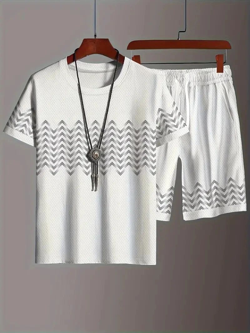 mens two-piece denim patch printed fashionable mens summer O-neck short sleeved polo shirtshort sleeved two-piece mens suit 250320