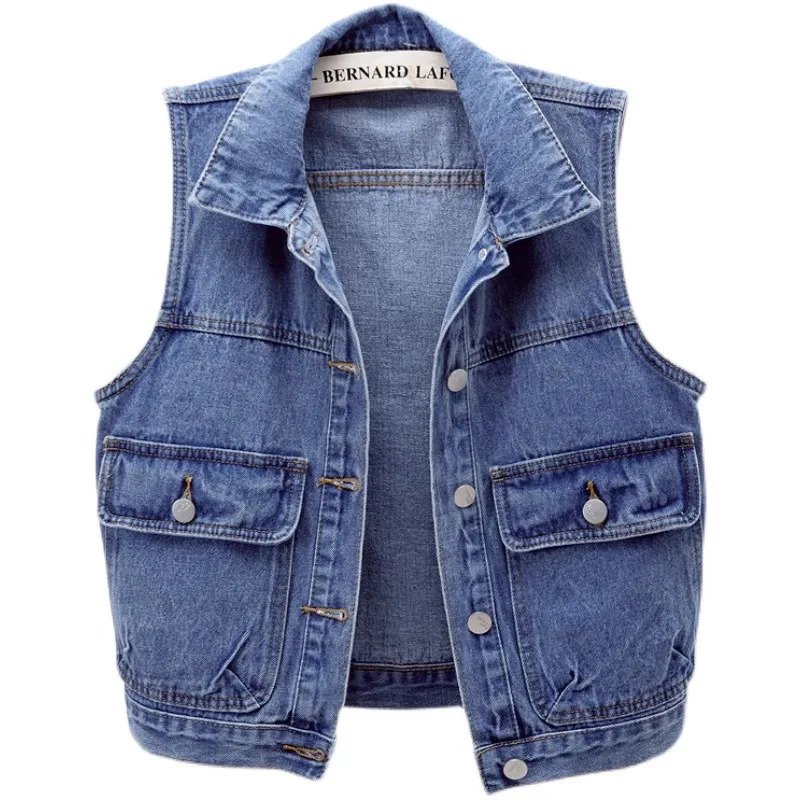 Spring and Autumn Vintage Big Pocket Denim Vest Women Cowboy Sleeveless Jacket Coat Slim Short Jeans Waistcoat Female T930 250320