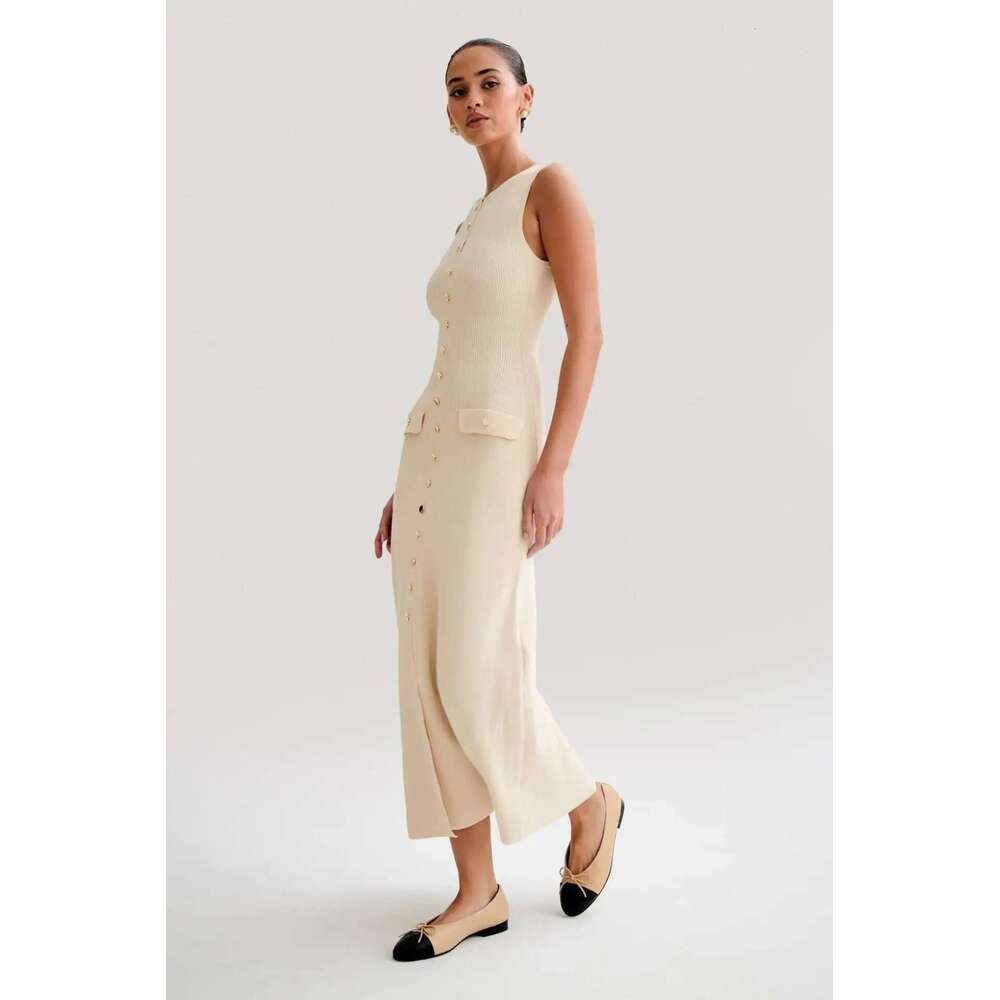 2025 Summer Elegant Lady Knitted Single Breasted Long Dresses Women Solid Sleeveless O Neck Button Bodycon Party Female Vestidos