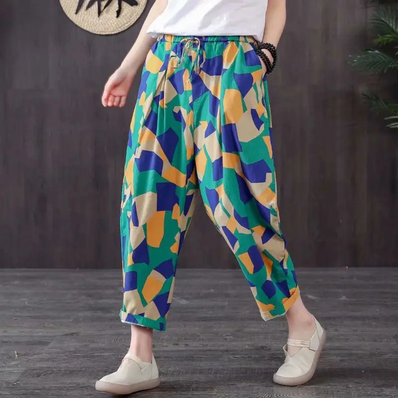 Summer harem pants for women retro fashion printed loose cotton linen casual wide leg 250320