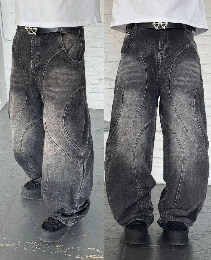 High Street Gothic Punk Dark Trousers Y2K Harajuku Retro Washed Distressed Baggy Jeans Men Street Fashion Straight Leg Pants 250320
