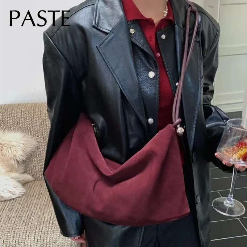 New Fashion Stylish MAROON Carmel Color Soft Nubuck Leather Hobo Shoulder Winter Matte Suede Cowskin Female Crossbody Bag