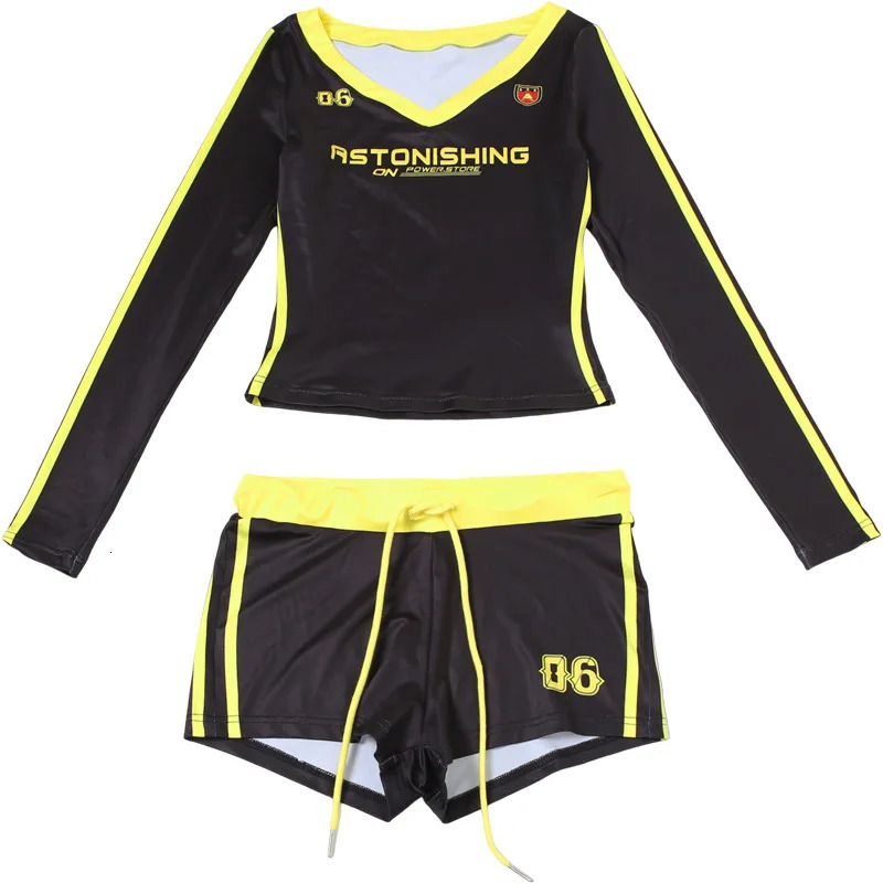 Women Y2K Shorts Sets Long Sleeve V Neck Tops with Short Pants 2 Piece Sets Letter Print Tracksuit Matching Outfits Streetwear 250320