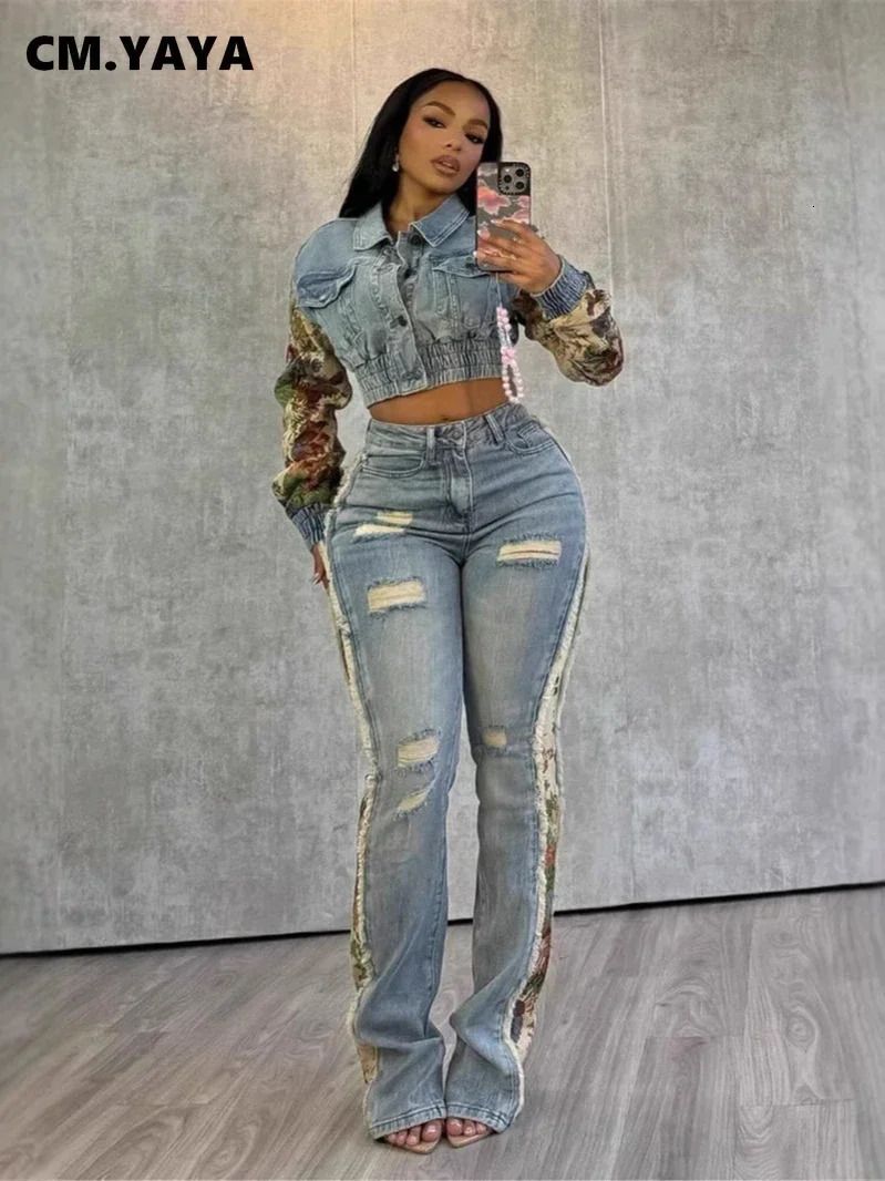 CM.YAYA Denim Womens Set Floral Patchwork Full Sleeve Button Fly Jacket and Ripped Jeans Pants Suit Two 2 Piece Set Outfit 250320
