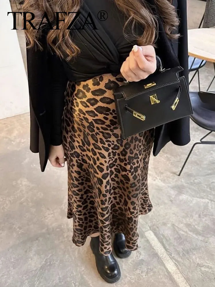 TRAFZA Female Elegant Midi Skirts Retro Leopard Print High Waist Satin A-Line Womens Fashion Bottoms Streetwear Midi Skirt 250320