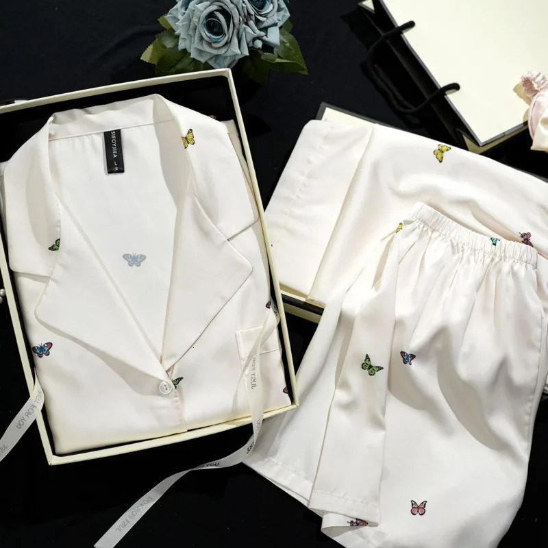 Fashionable and three piece ice silk sleepwear womens short sleeved set printed with small butterfly summer thin sleepwear set 250321