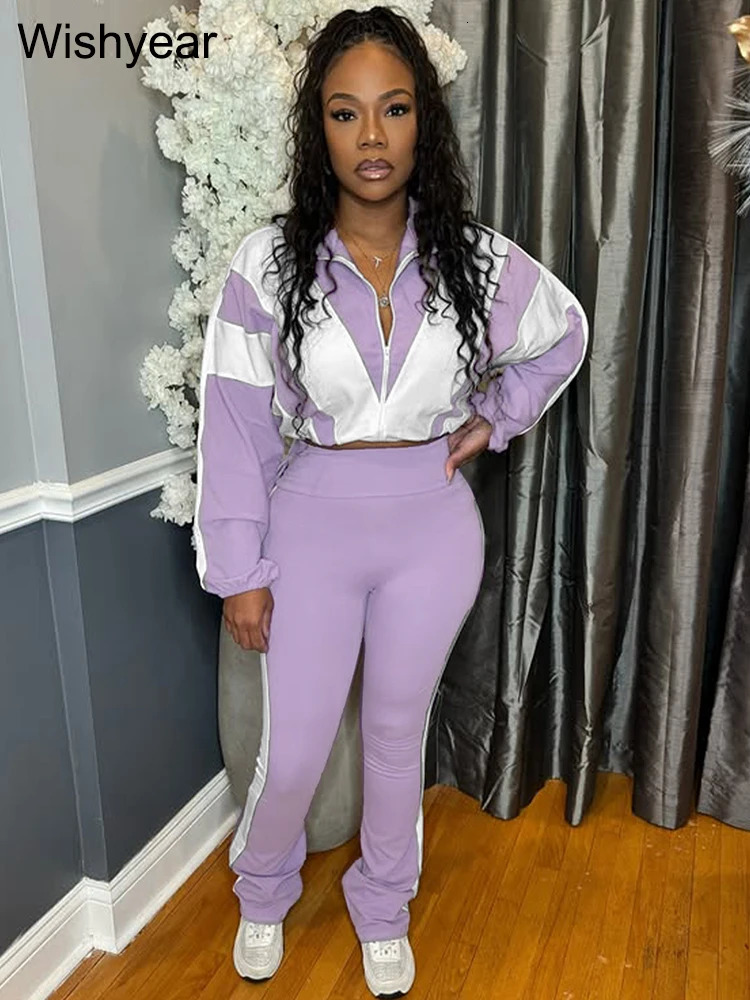 Fashion Patchwork Long Sleeve Zipper Crop Jacket and Skinny Pencil Pants Two Piece Set Woman Tracksuit Jogger Sports Outfits 250321