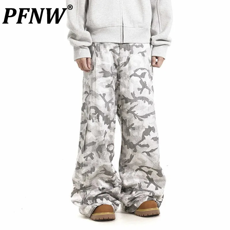PFNW retro brushed gray white camouflage multi pocket cargo pants niche jeans loose straight leg wide 28W5796 250317