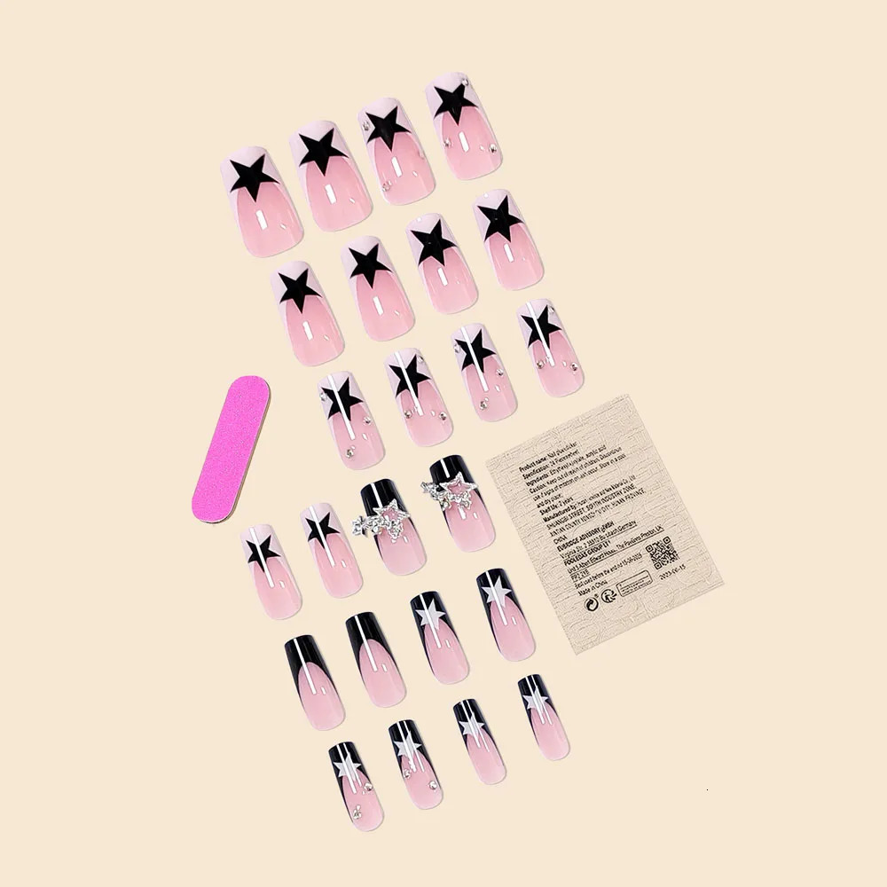 Women Girls 24Pcs Long Square Black French sparkling diamond star pendant Full Coverage Wearable Fake Nail Press on Nail Art 250319