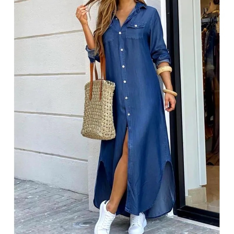 Long sleeved dress plain robe Maxi Beach summer elegant womens button irregular shirt split print lapel party 250320