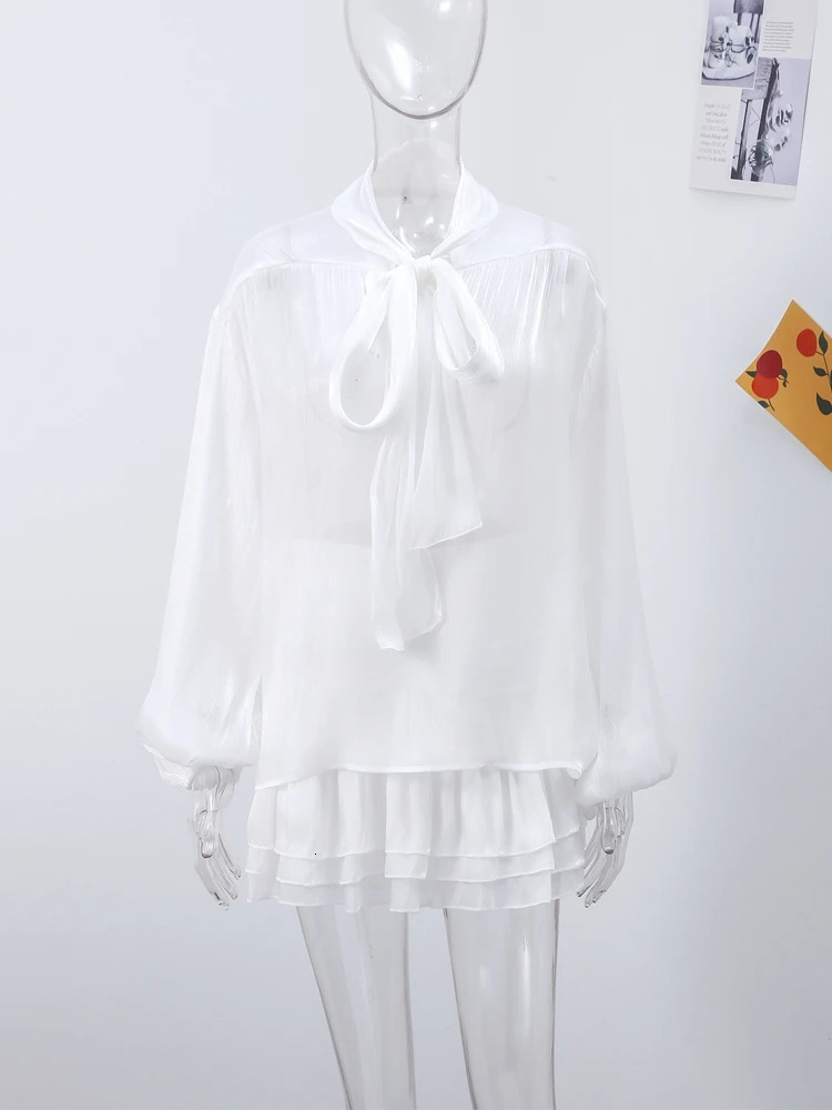 Elegant See Through Mini Skirts Set Women Loose Lace Up Bow Long Lantern Sleeves Shirts Suits Female 2025 Spring Set 2 Pieces 250320