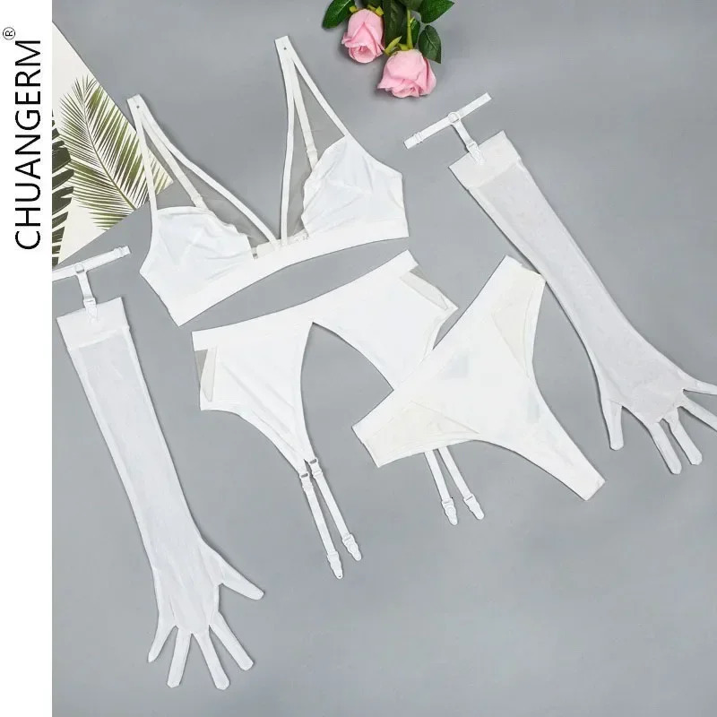 CHUANGERM Pure White See Through Thin Sexy Lingerie Long-Sleeved Gloves Transparent Sensual Intimate Underwear Sets Kit 4-Pieces 250320