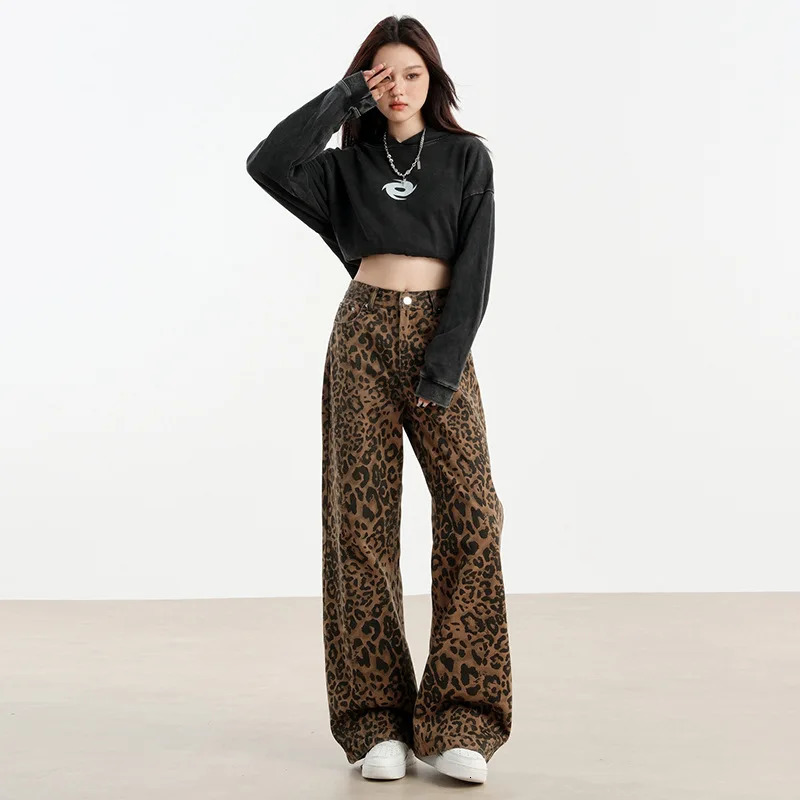 #2640 Streetwear Leopard Jeans Women Loose Vintage Straight Wide Leg Jeans Femme High Waisted Long Jeans Ladies Spring Autumn 250320