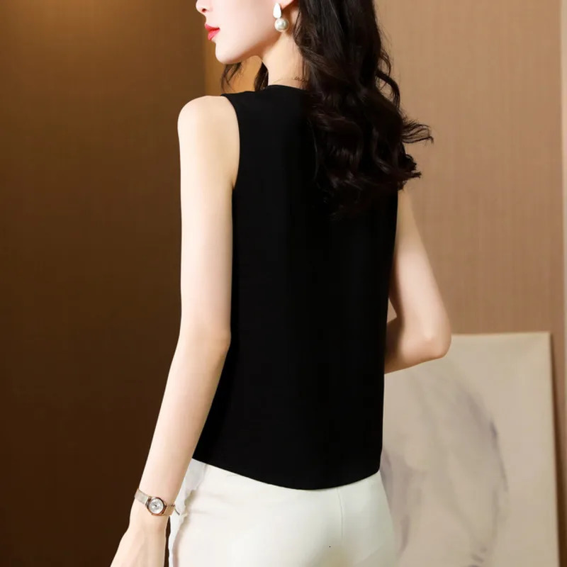 #1205 Black White Chiffon Tank Top Women V-neck Sexy Short Top Female Sleeveless M-4XL Outerwear Office Top Woman Summer 250320