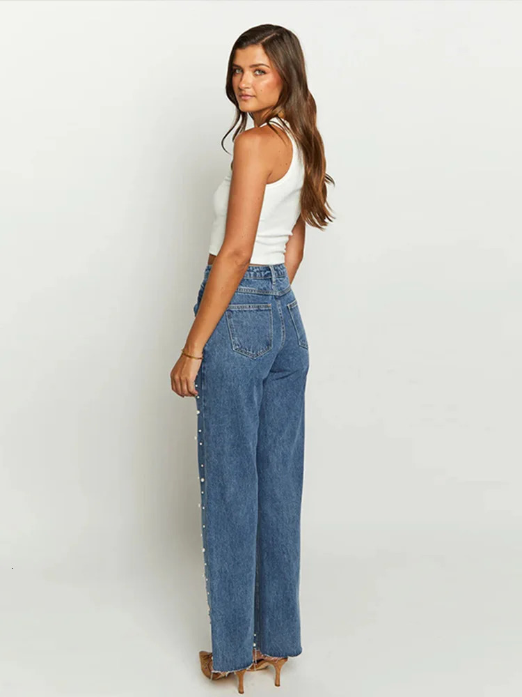 Vintage High Waist Denim Jeans Pant For Woman Y2K Straight Leg Studded Beads Streetwear For Woman Trendy Casual Trousers 250320