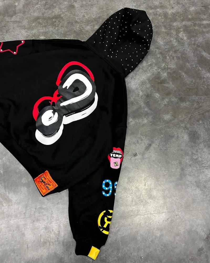 American Trendy s High Street Loose Casual Cartoon Printed Zipper Hoodie Men Y2k Hiphop Rock Oversized Sweatshirt Women 250317