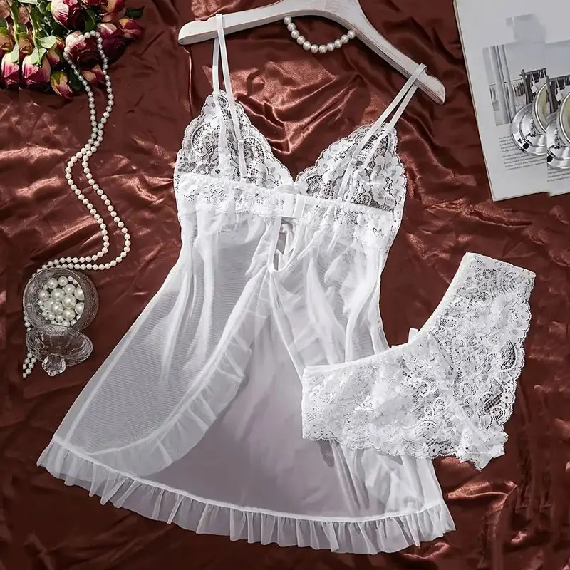 A Set Of Tulle Ultra Sexy Nightgown V-neck Bra Open Sleep Skirt Night Erotic Dress Woman Sheer Pajamas Lingerie Pants kit 250320