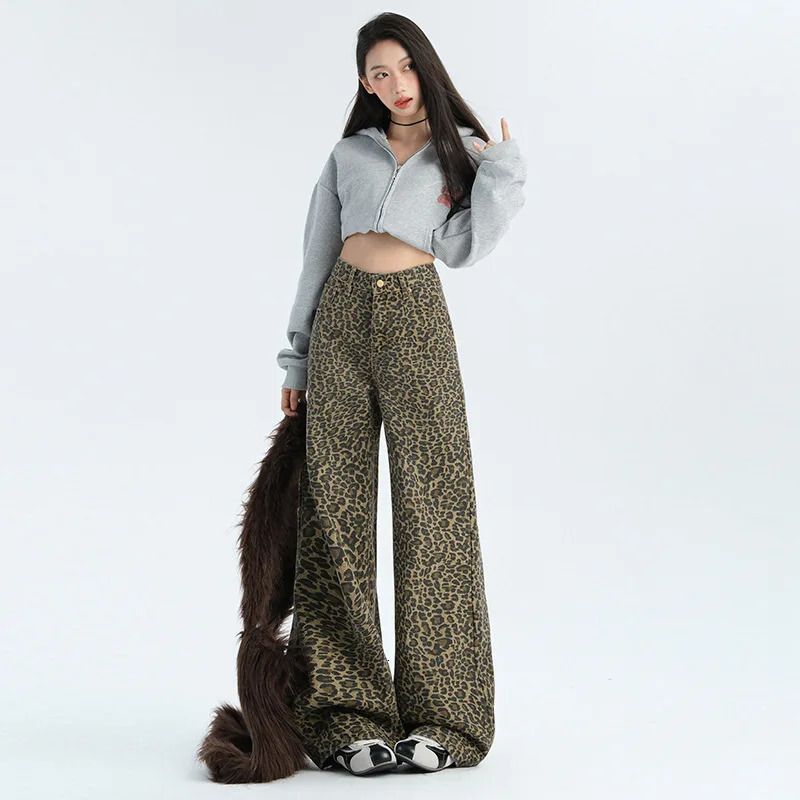 #2639 Streetwear Leopard Denim Jeans Women Loose High Waisted Vintage Long Jeans Femme Straight Wide Leg Jeans Ladies Autumn 250320
