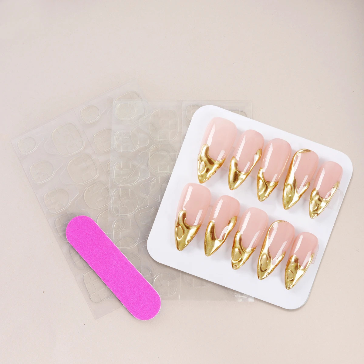 10pcs Pure Handmade 3D Gold Press on Nails Metallic Long Almond Fake Nails Reusable Full Coverage Fake Nail Tips 250319