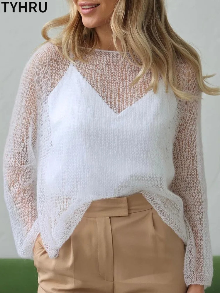 TYHRU Womens Knitted Sweaters Lady Hollow out Thin Pullover Fashion Loose Sweatshirt Top Sweet Elegant Smock Female 250319
