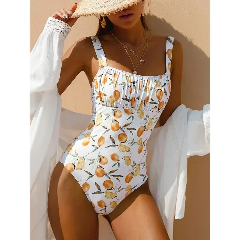 Fruit print onepiece swimsuit for women abdominal control Bandeau Korean style sexy beachwear casual beach 250320