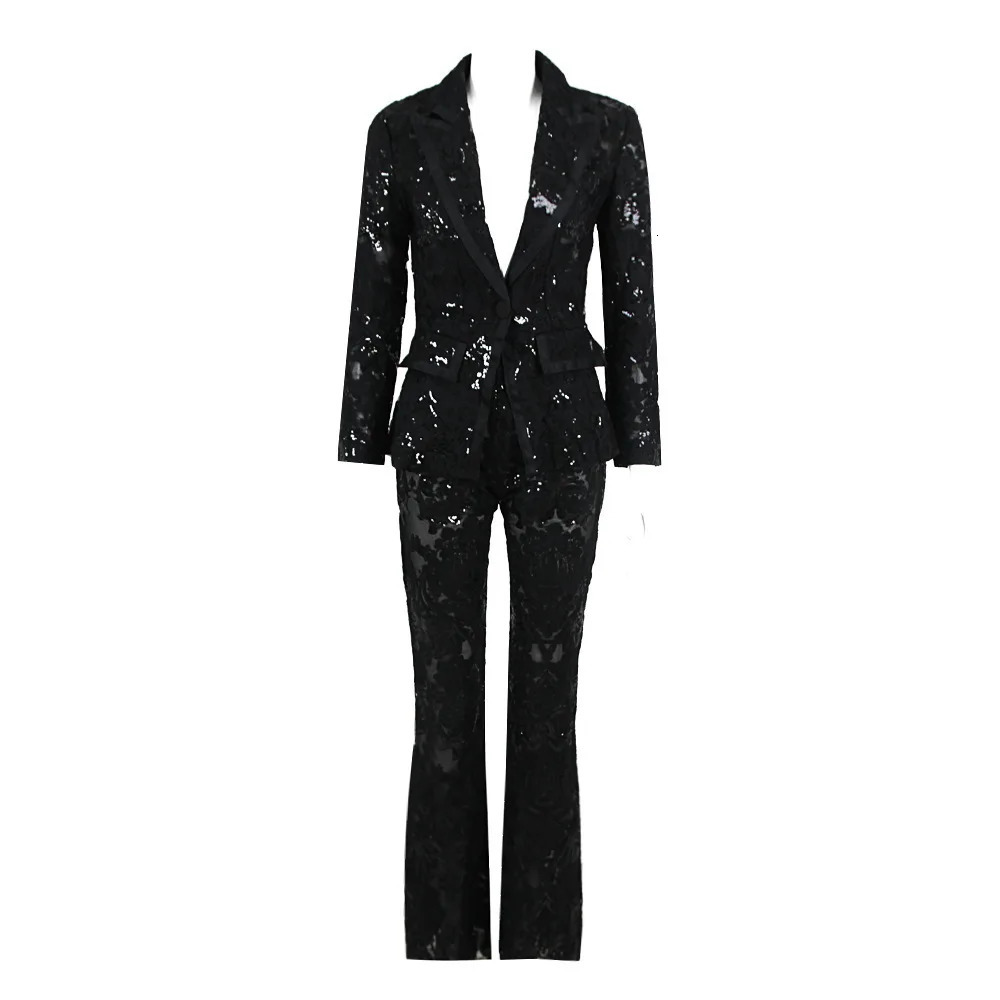 Black lace mesh embroidered sequin pants set white er sequin jacket pants set 2-piece pants set punk set 250320