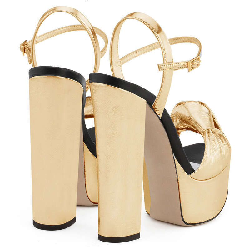 Stylish Gold Platform Sandals Fashion Round Open Toe Knotted Chunky Heeled Shoes Women Summer Party Gown Buckle Strap High Heels