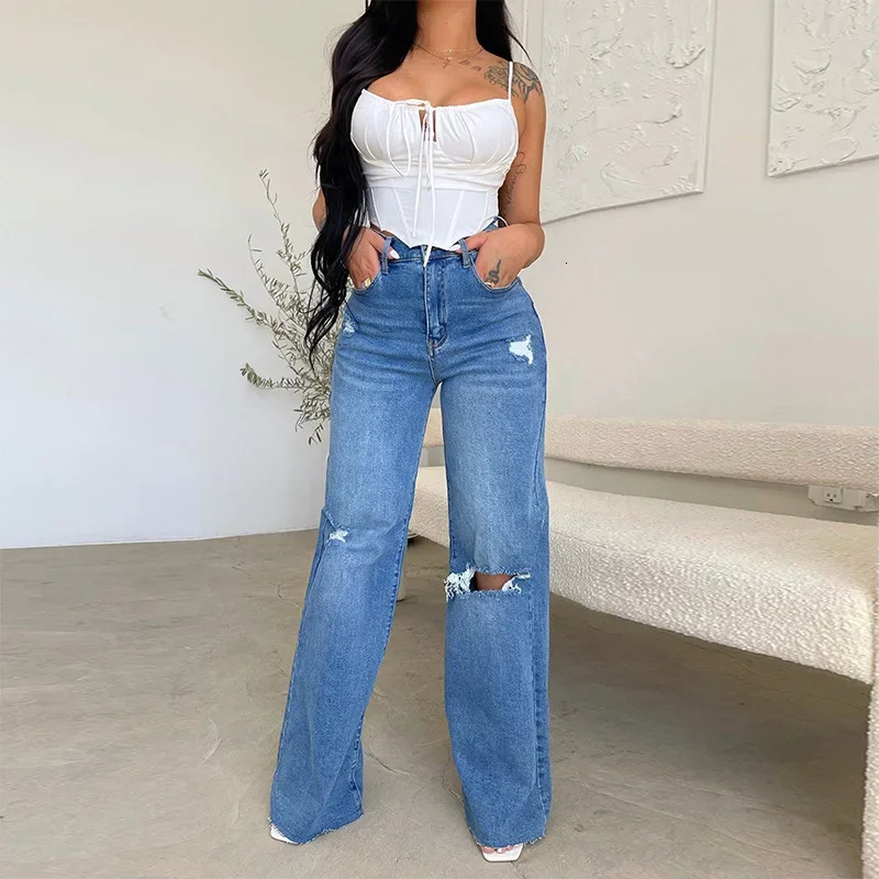 Mandylandy womens jeans long waist torn worn comfortable wide legs denim pants washed holes streetwear denim Trousers 250314