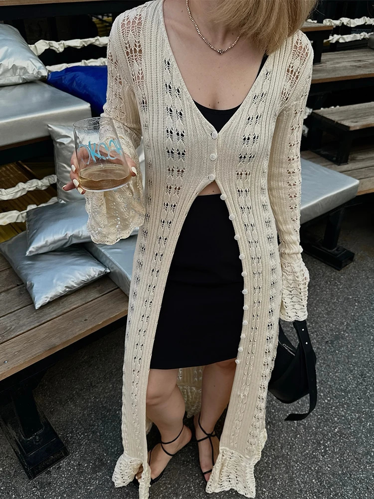 Trendix deep V-neck long sleeved dress for women sexy hollow elegant long open front dress autumn and winter street casual knitted dress 250320