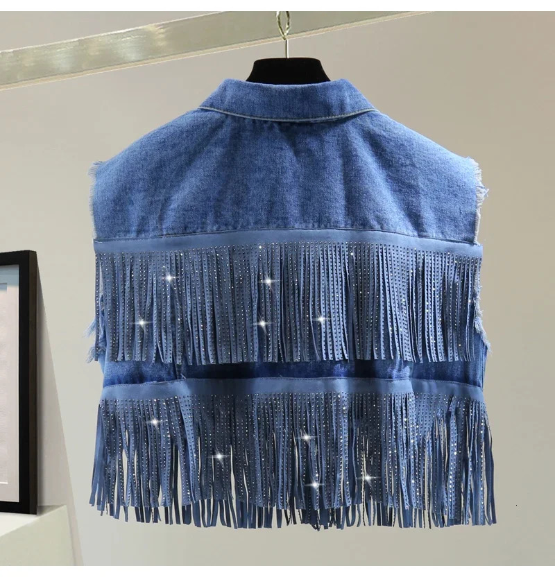 Chic Diamonds Tassels Sleeveless Denim Coat Summer Slim High Waisted Fringed Jeans Jacket Solid Color Casual Vest Crop Tops 250320