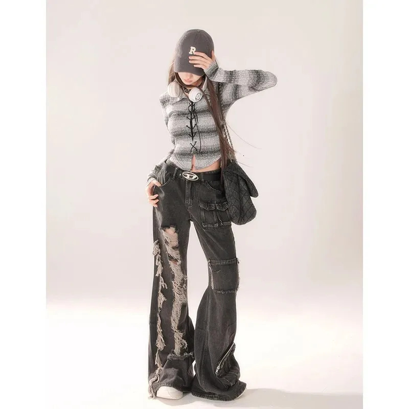 High waisted ripped womens black jeans hip-hop style fashionable retro street wear Y2K wide leg jeans pocket jeans 250320
